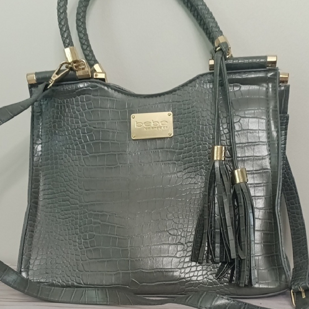 Bebe Metallic Gray Croc-Embossed Shoulder Bag
